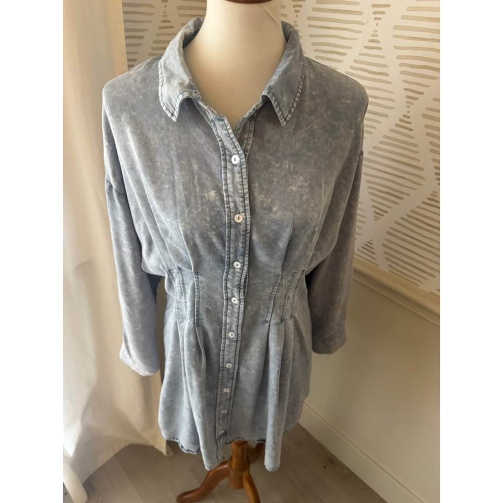 Entro Women’s Medium Faux Acid Wash Denim Button Up Mini Dress - Picture 2 of 7
